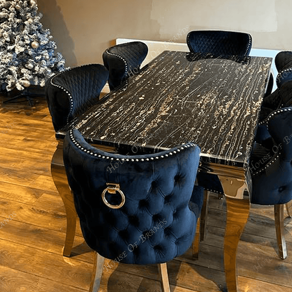 180cm Black and Gold Louis Marble Dining Table with Black and Gold Valentino Ring Knockerback Velvet Chairs