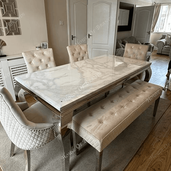180cm Louis Marble Dining Table with 4 Majestic Velvet Knockerback Chairs and Majestic Velvet Bench
