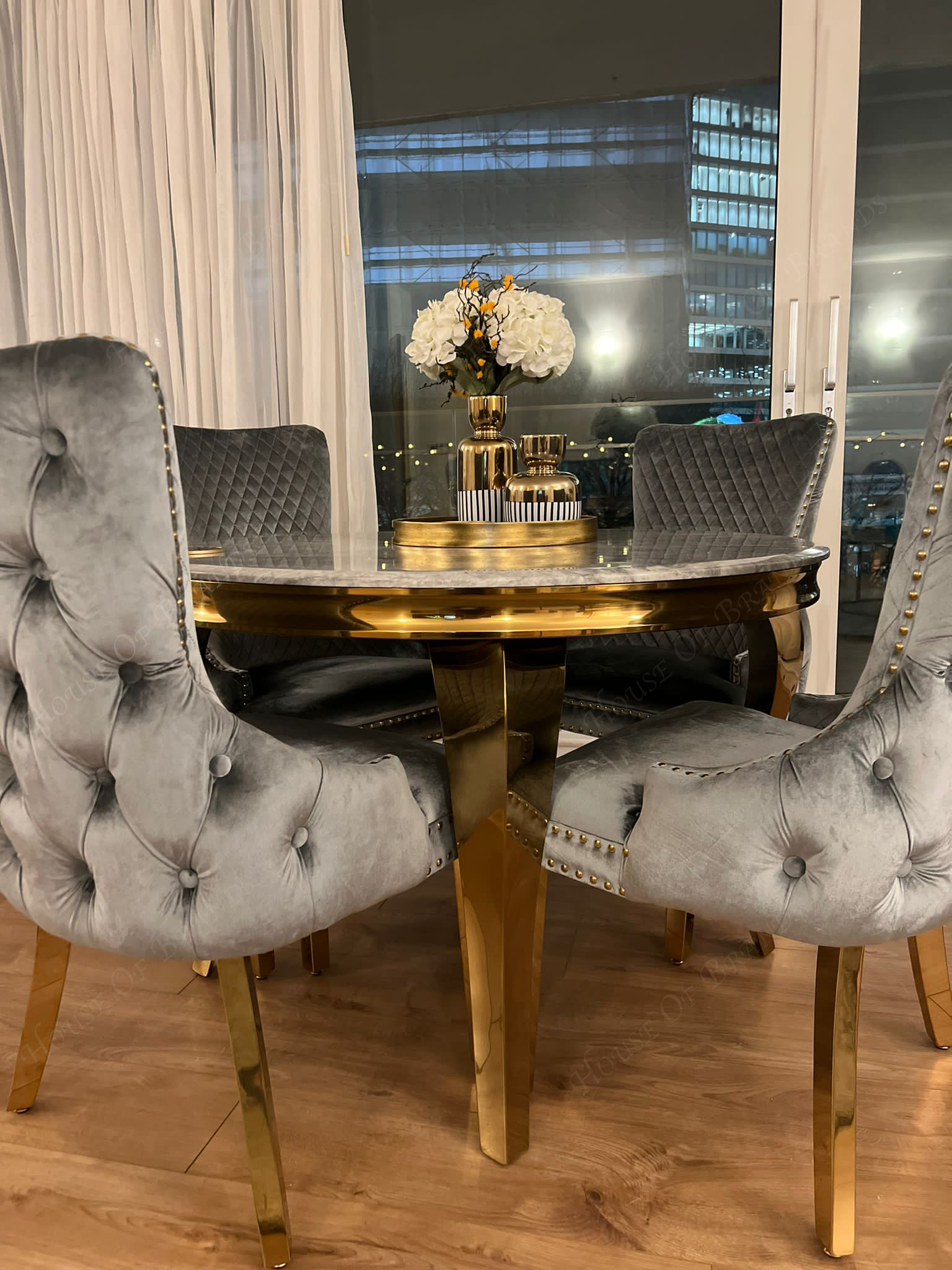 110cm Louis Grey And Gold Round Marble Dining Table