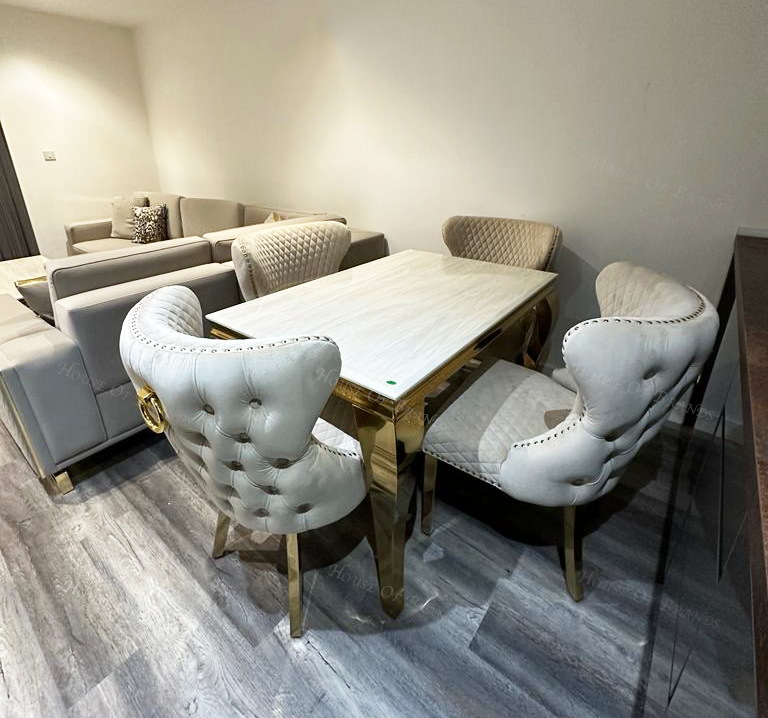 120cm Cream and Gold Louis Marble Dining Table with 4 Mink Valentino Gold Knockerback Chairs