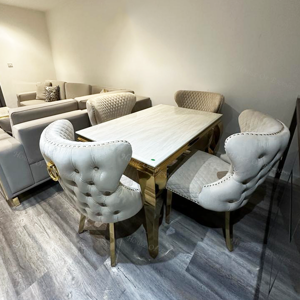 120cm Cream and Gold Louis Marble Dining Table with 4 Mink Valentino Gold Knockerback Chairs