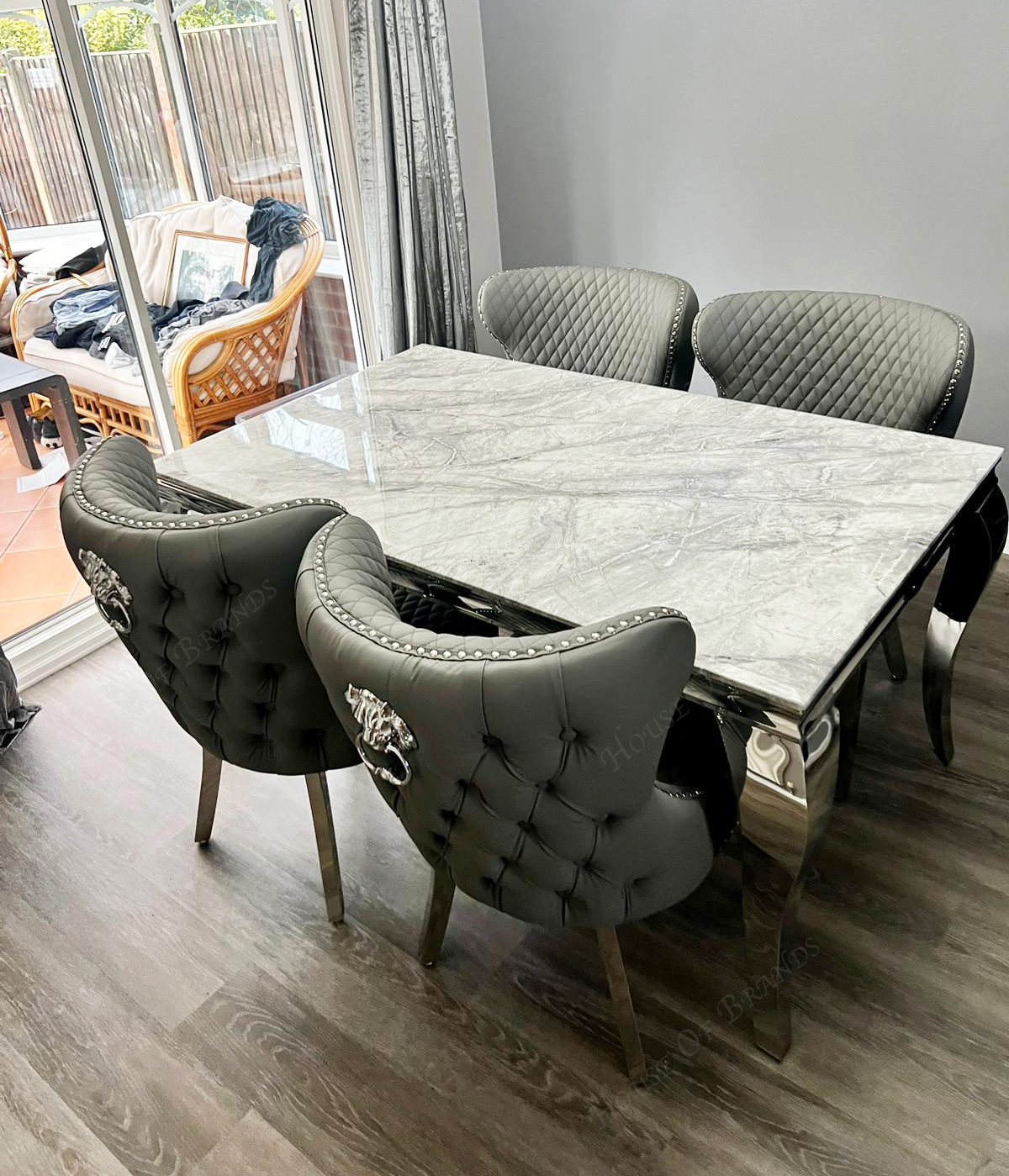 150cm Louis Marble Dining Table with Hudson Leather Valentino Chairs