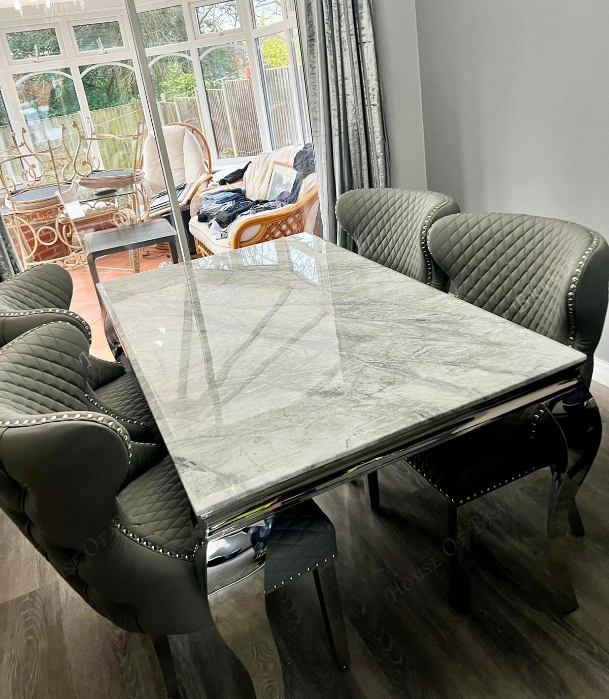 150cm Louis Marble Dining Table with Hudson Leather Valentino Chairs
