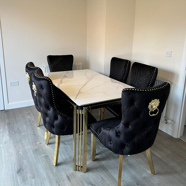 150cm Sorrento Rectangle Gold Ceramic Dining Table & Black and Gold Victoria Knockerback Dining Chairs