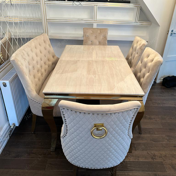160cm Cream Gold Louis Marble Dining Table with 4 Cream Velvet Gold Majestic Chairs and Cream Velvet Gold Majestic Bench
