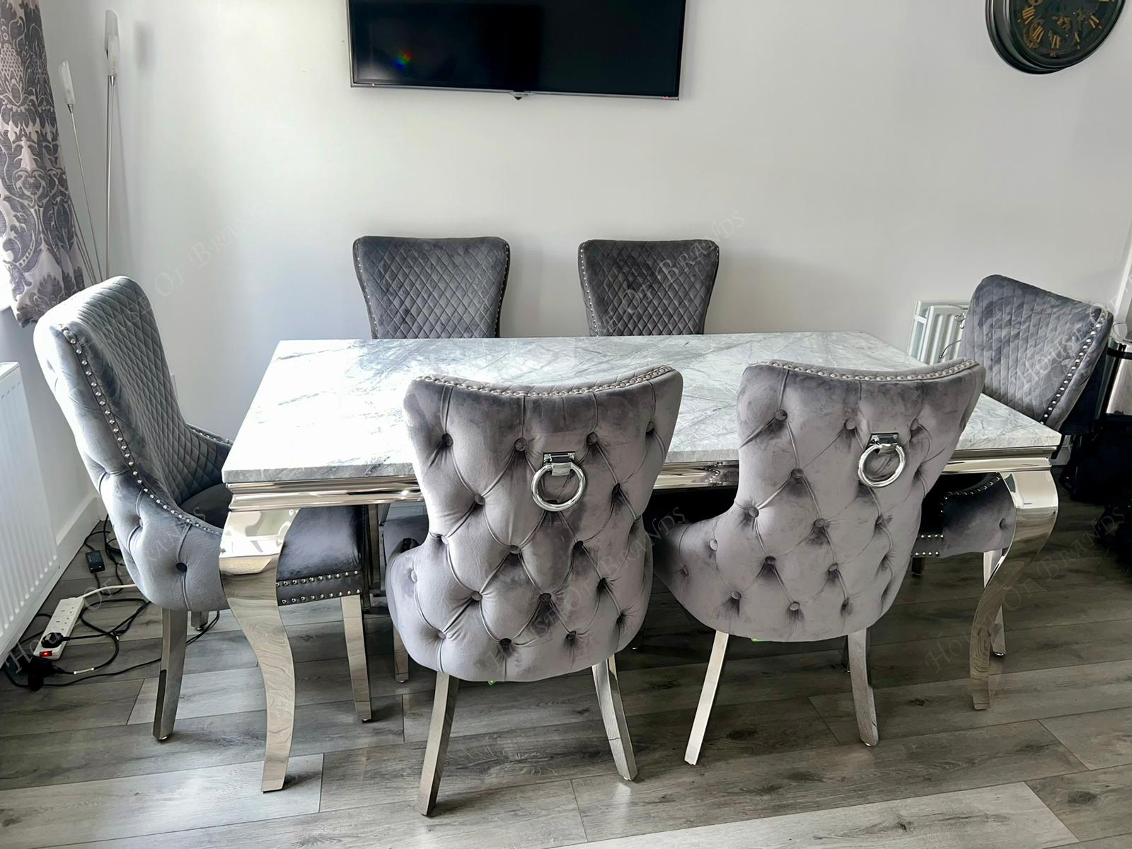 180cm Louis Marble Dining Table with 6 Victoria Knockerback Velvet Chairs