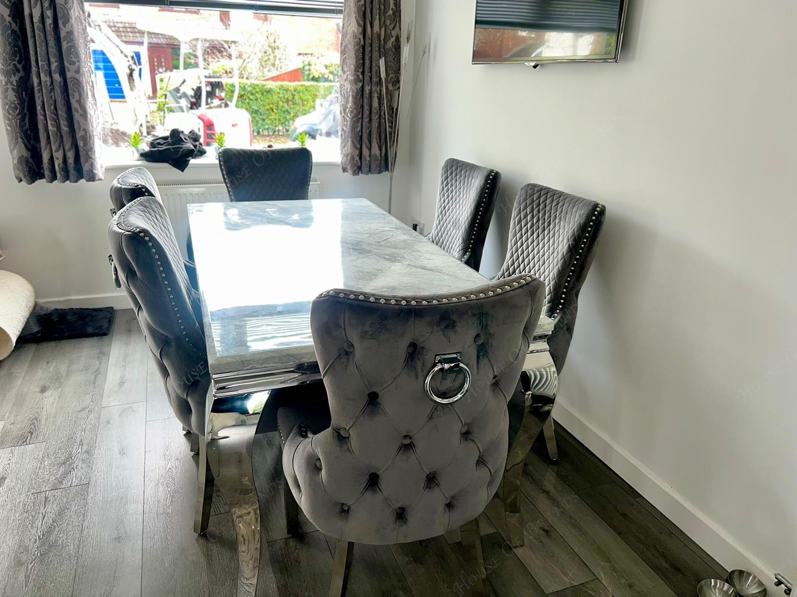 180cm Louis Marble Dining Table with 6 Victoria Knockerback Velvet Chairs