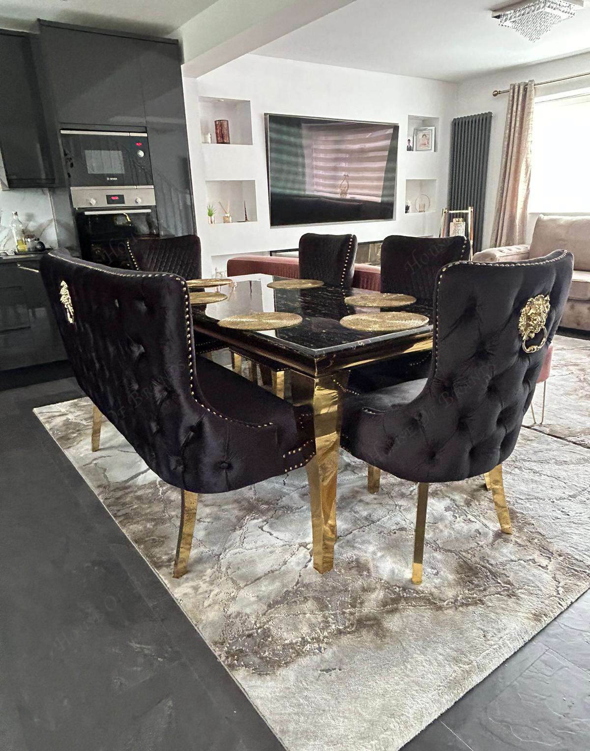 180cm Black & Gold Louis Marble Dining Table & 4 Victoria Knockerback Chairs and Victoria Dining Bench