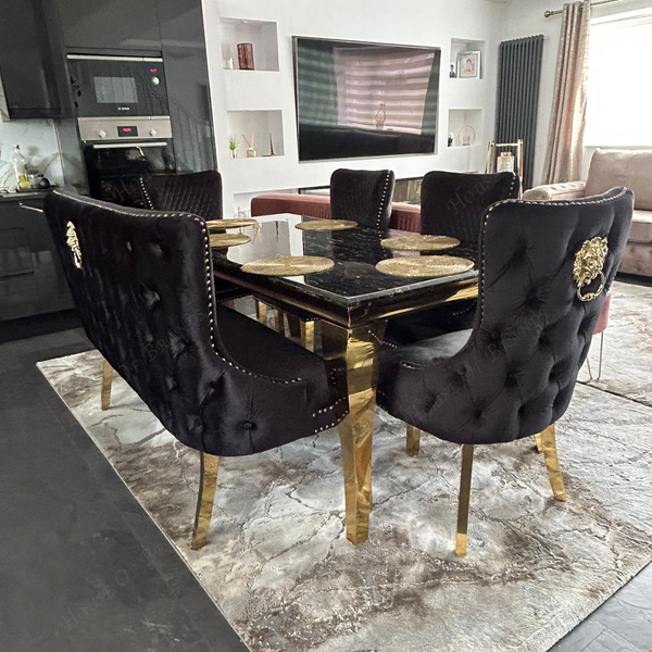 180cm Black & Gold Louis Marble Dining Table & 4 Victoria Knockerback Chairs and Victoria Dining Bench