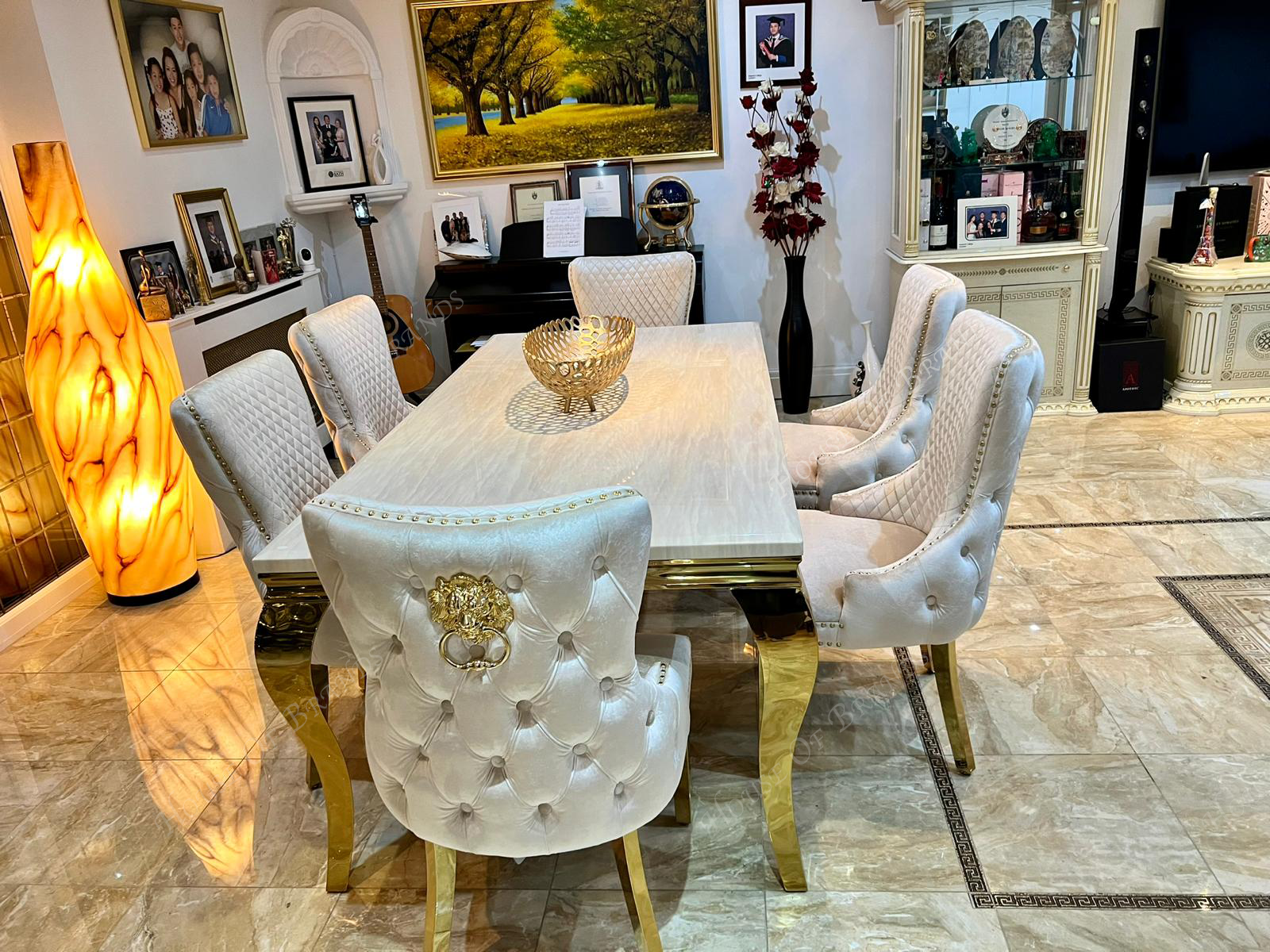 200cm Cream Gold Marble Rome Dining Table with 8 Cream Gold Vienna Chairs