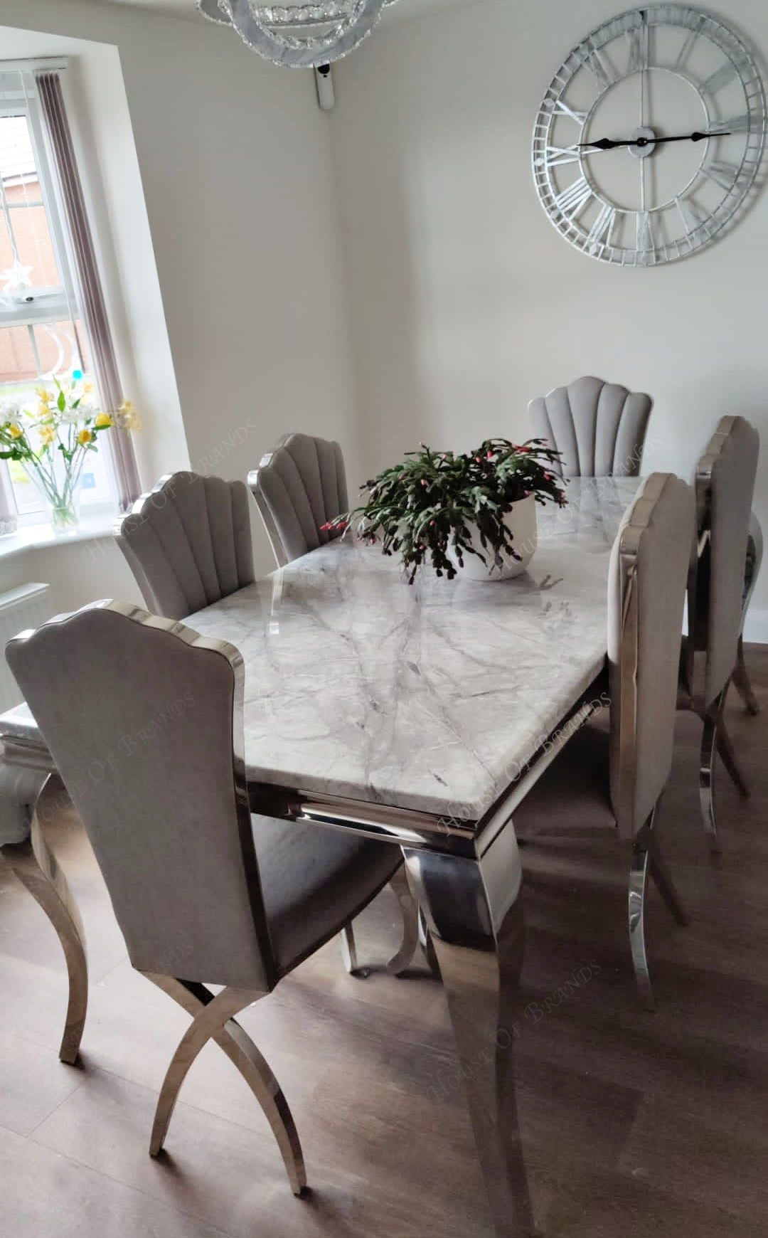 200cm Louis Marble Dining Table with 6 Christine Light Grey Leather Chairs