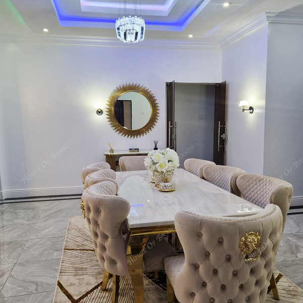 200cm Cream and Gold Louis Marble Dining Table with 8 Cream and Gold Valentino Velvet Chairs