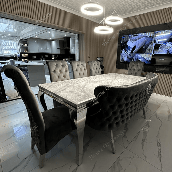 200cm Louis Marble Dining Table with 5 Emma Knockerback Velvet chairs and Valentino Velvet Bench