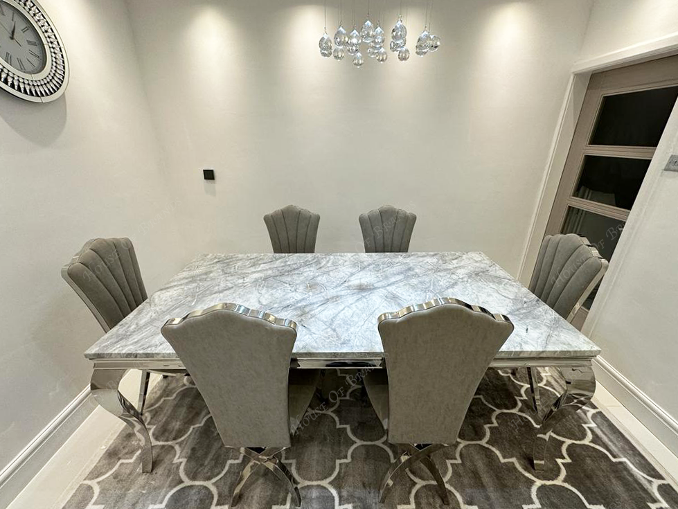200cm Louis Marble Dining Table with 6 Christine Light Grey Leather Chairs