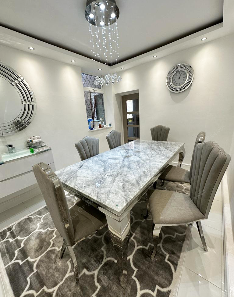 200cm Louis Marble Dining Table with 6 Christine Light Grey Leather Chairs