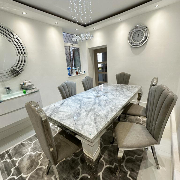 200cm Louis Marble Dining Table with 6 Christine Light Grey Leather Chairs