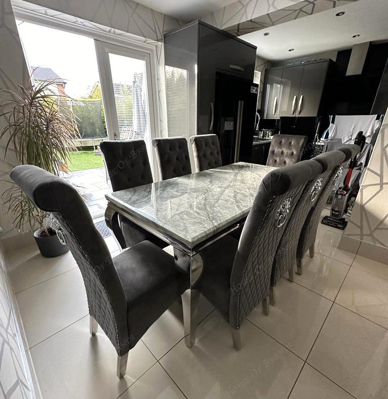 200cm Louis Marble Dining Table with Emma Knockerback Velvet Chairs
