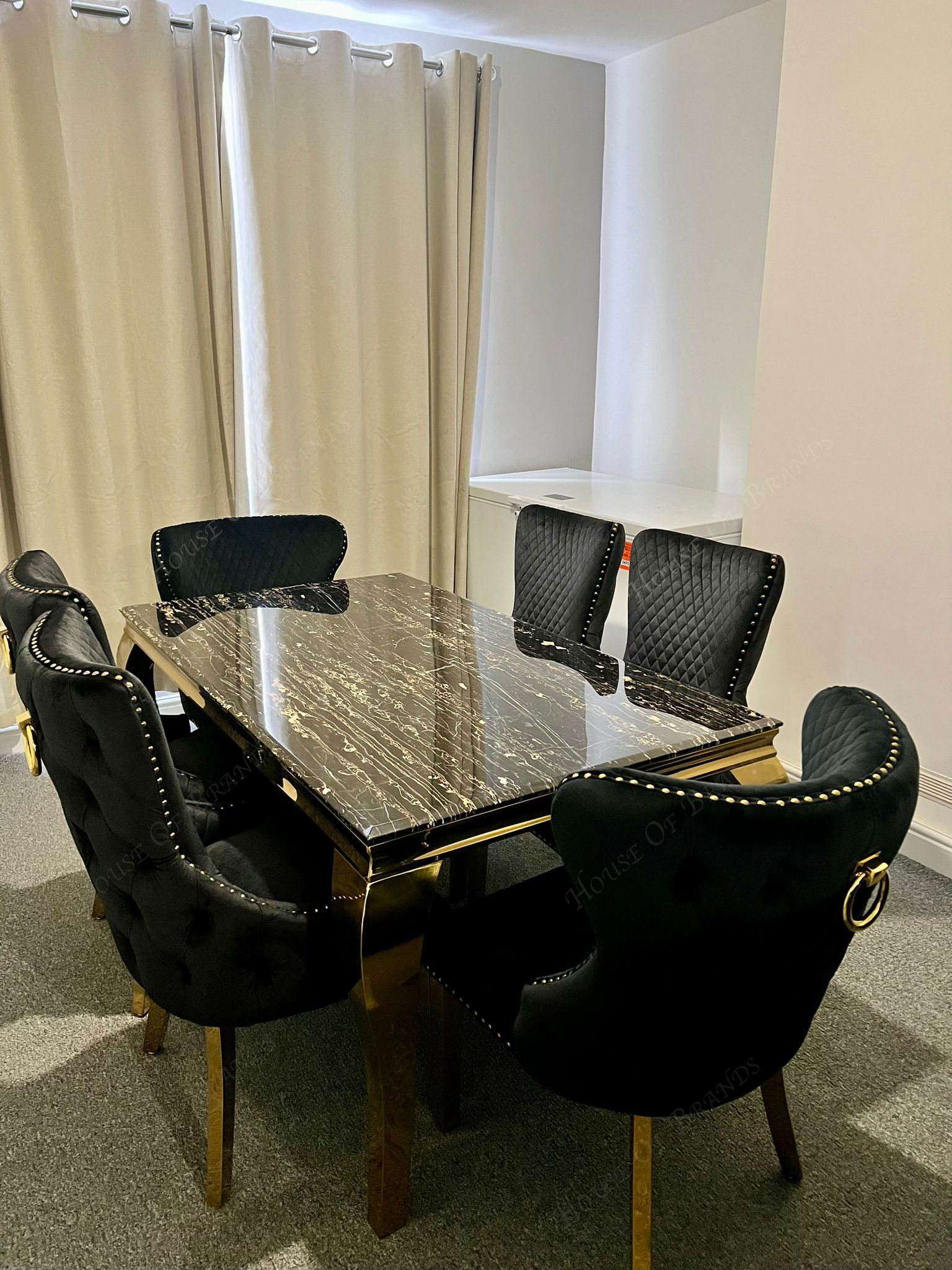 160cm Black and Gold Louis Marble Dining Table with 4 Black and Gold Victoria Chairs and 2 Black and Gold Valentino Chairs