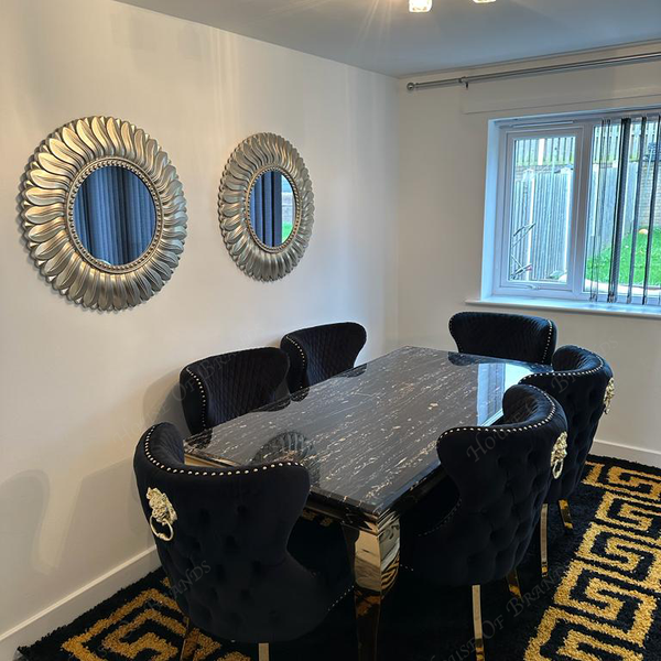 160cm Black and Gold Louis Marble Dining Table with Black and Gold Ring Knockerback Valentino Velvet Chairs