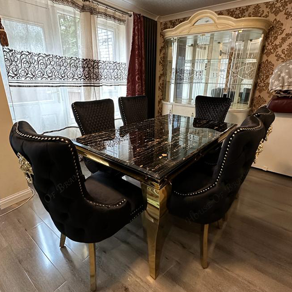 Black & Gold Louis Marble Dining Table & Black Victoria Knockerback Chairs