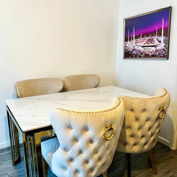 180cm Sorrento Rectangle Gold Ceramic Dining Table and Cream Valentino Gold Velvet Knockerback Dining Chairs