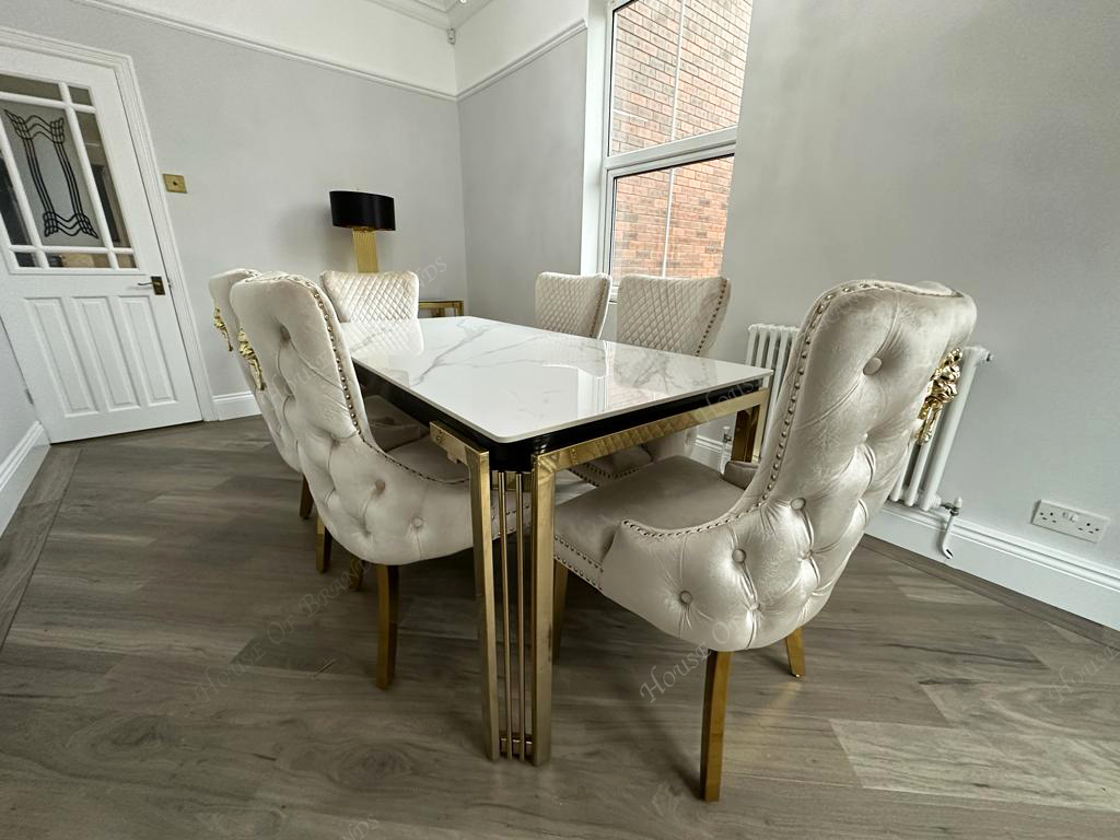 150cm Sorrento Rectangle Gold Ceramic Dining Table & Cream and Gold Victoria Gold Velvet Knockerback Chairs