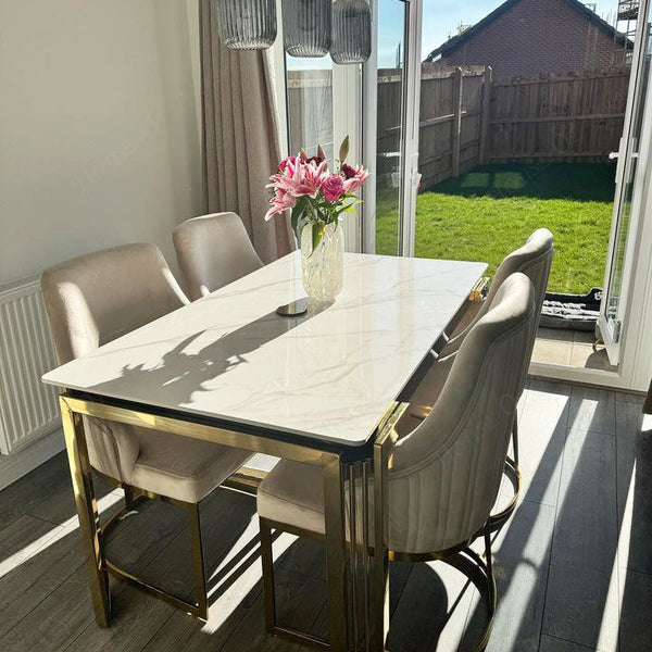 180cm Sorrento Rectangle Gold Ceramic Dining Table and Gold Chelmsford Dining Chairs