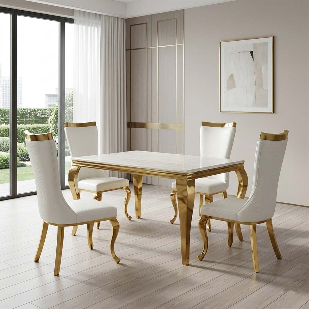 120cm Louis Cream & Gold Dining Table with 4 Samara Cream & Gold Chairs