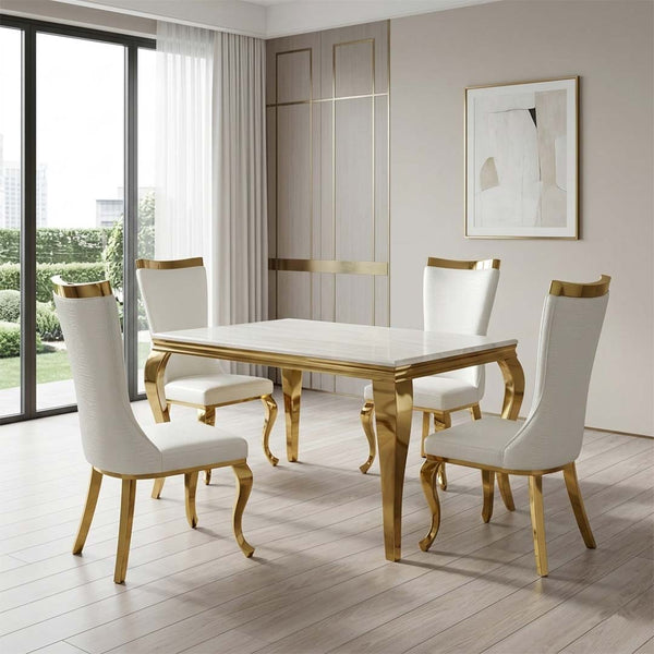 120cm Louis Cream & Gold Dining Table with 4 Samara Cream & Gold Chairs