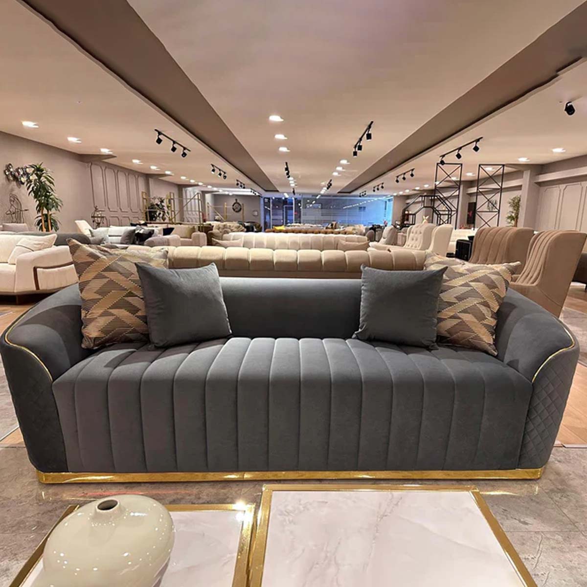 Dubai Grey Gold Premium Luxury Velvet Sofa