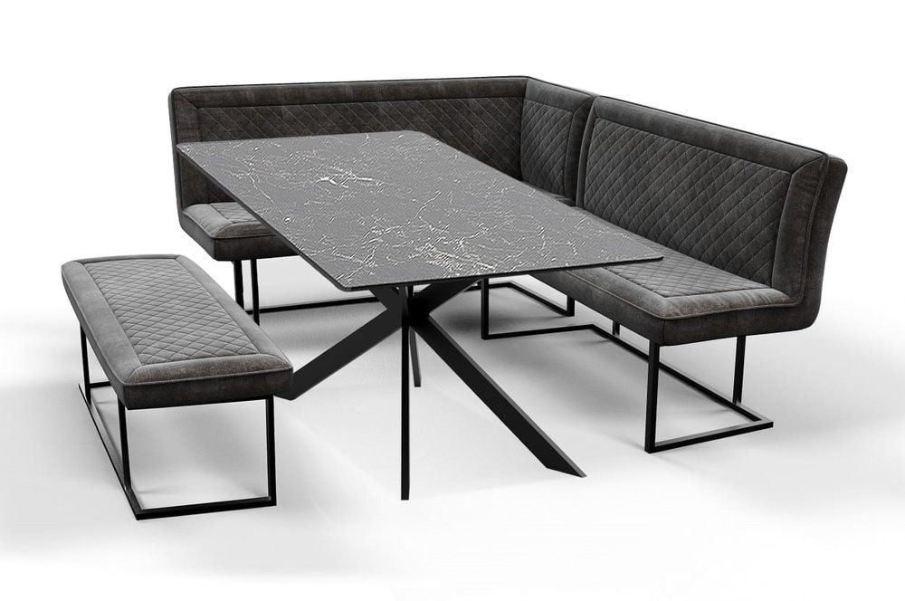 Apollo Black Glass Toughened Ceramic Dining Table And Corner Bench Set