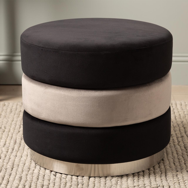 Black & Grey Round Ottoman Footstool With Chrome Base