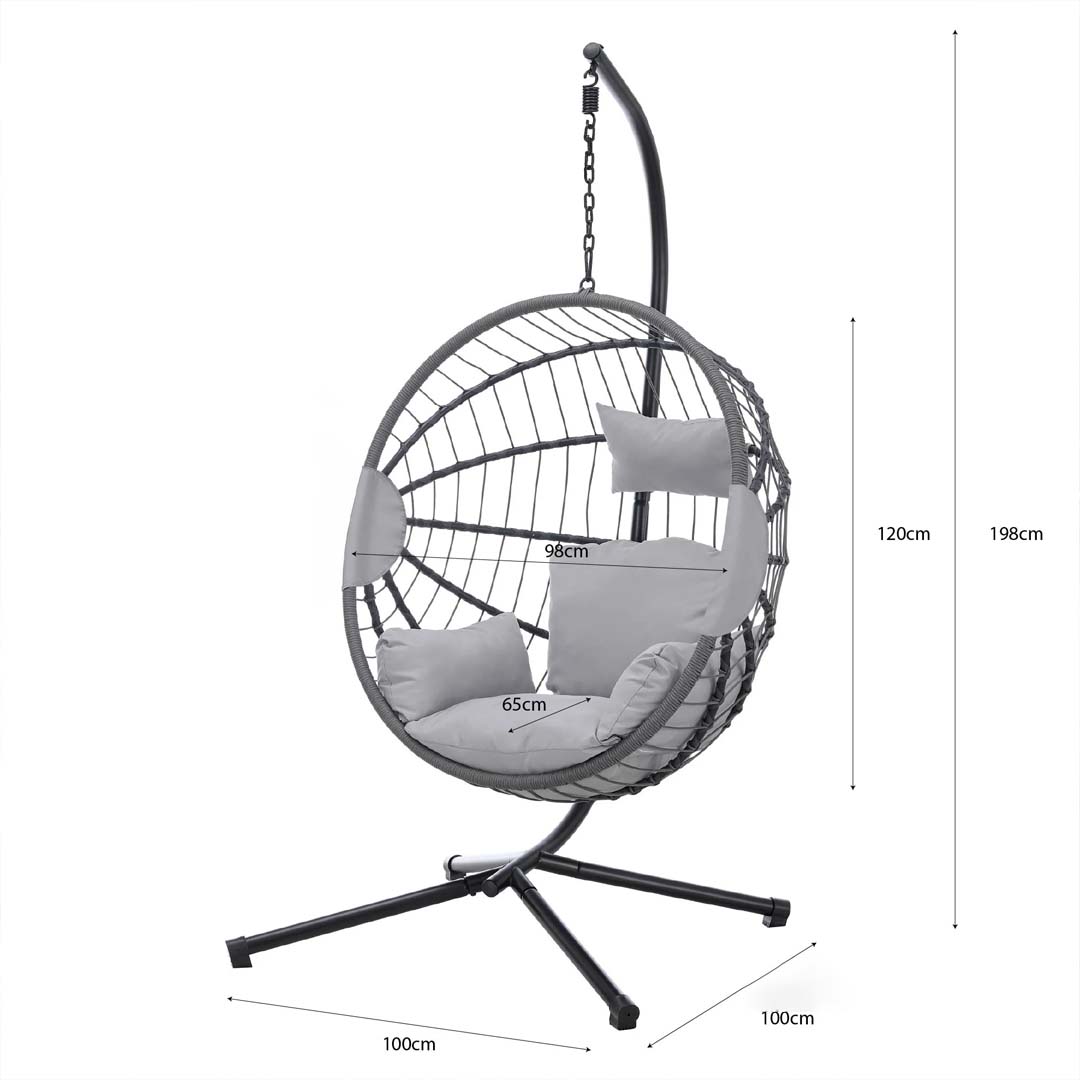 Luna Hanging Egg Chair with Stand & Luxury Cushions – Foldable Light Grey Garden Swing Chair