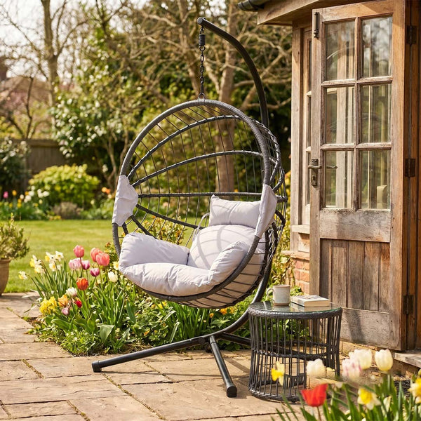 Luna Hanging Egg Chair with Stand & Luxury Cushions – Foldable Light Grey Garden Swing Chair
