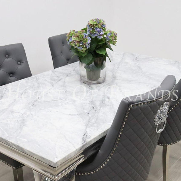 150cm Louis Marble Dining Table with 4 Hudson Grey Leather Knockerback Majestic Chair