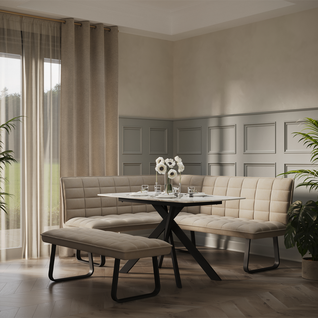 Luna 135cm Ceramic Dining Table with Corner & Standard Bench Set – Quilted Taupe Fabric & Black Iron Legs