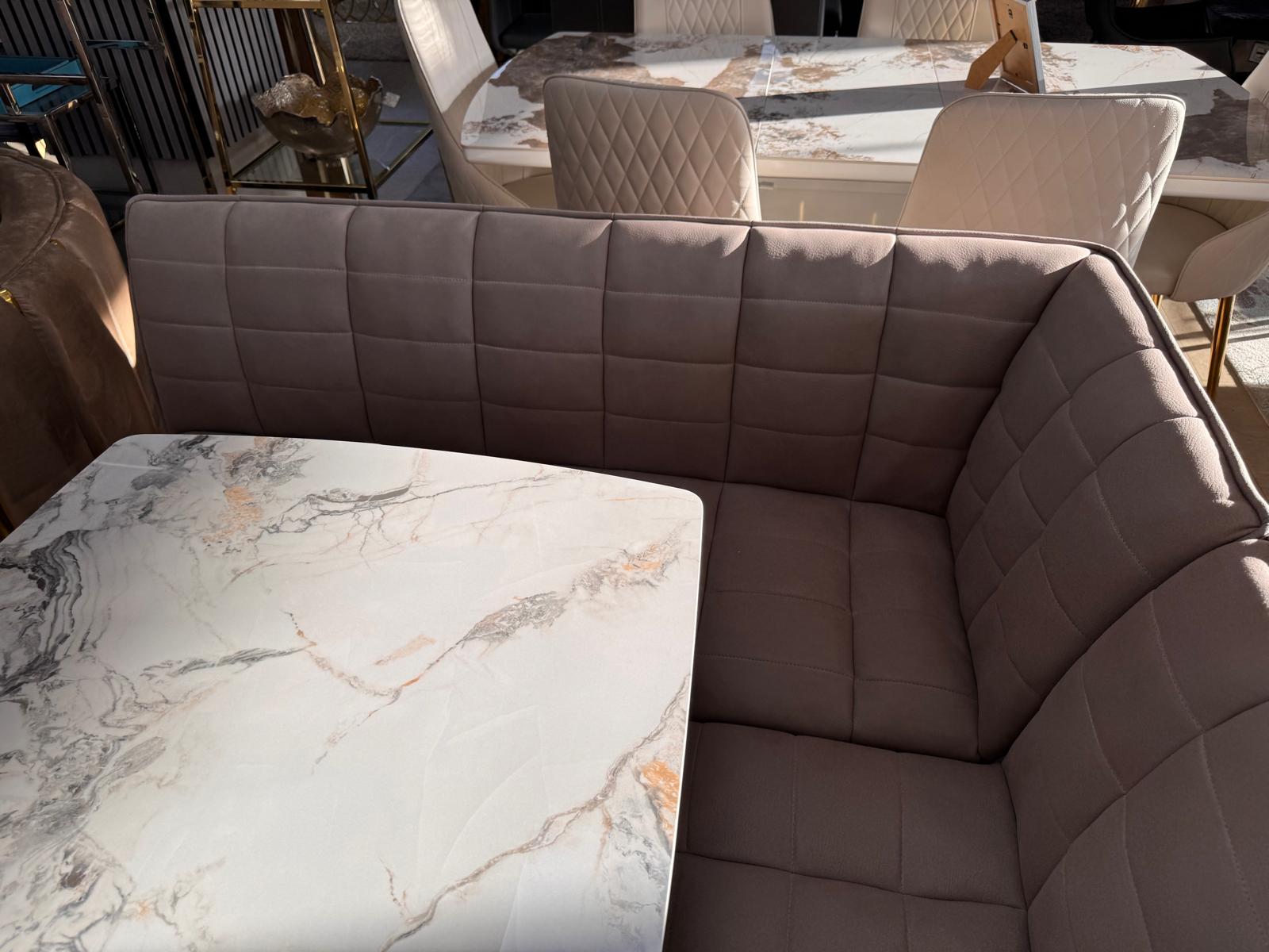 Luna 135cm Ceramic Dining Table with Corner & Standard Bench Set – Quilted Taupe Fabric & Black Iron Legs