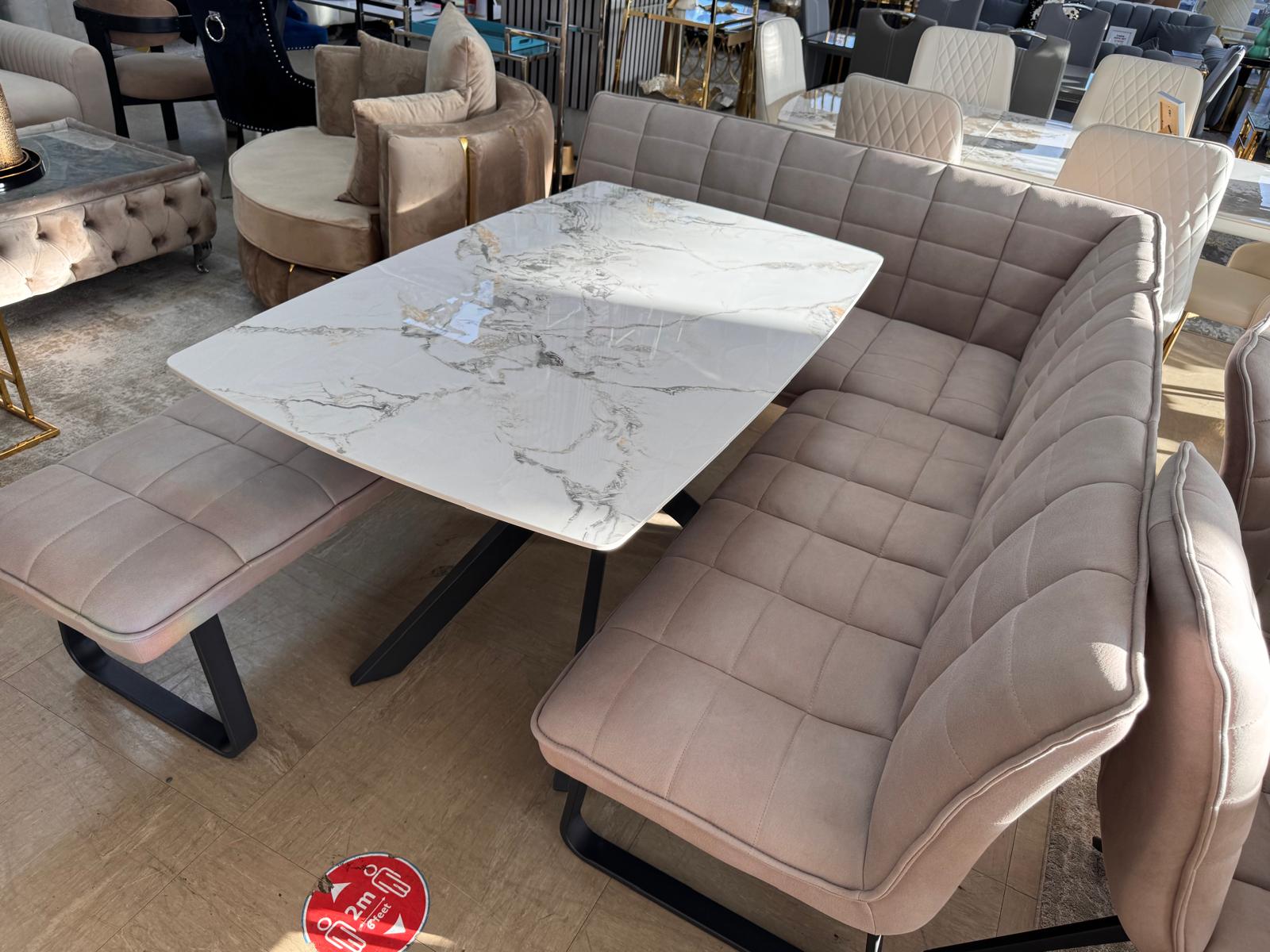 Luna 135cm Ceramic Dining Table with Corner & Standard Bench Set – Quilted Taupe Fabric & Black Iron Legs