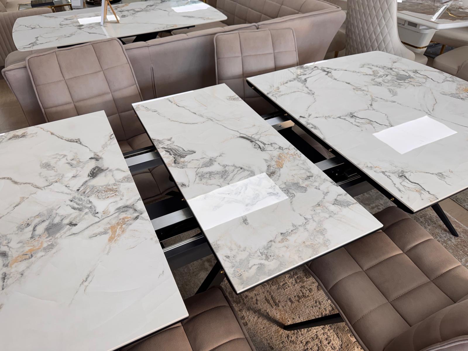 Luna 160–200cm Extendable Ceramic Dining Table Set with Luna Taupe Fabric Chairs – White Marble & Black Iron Legs