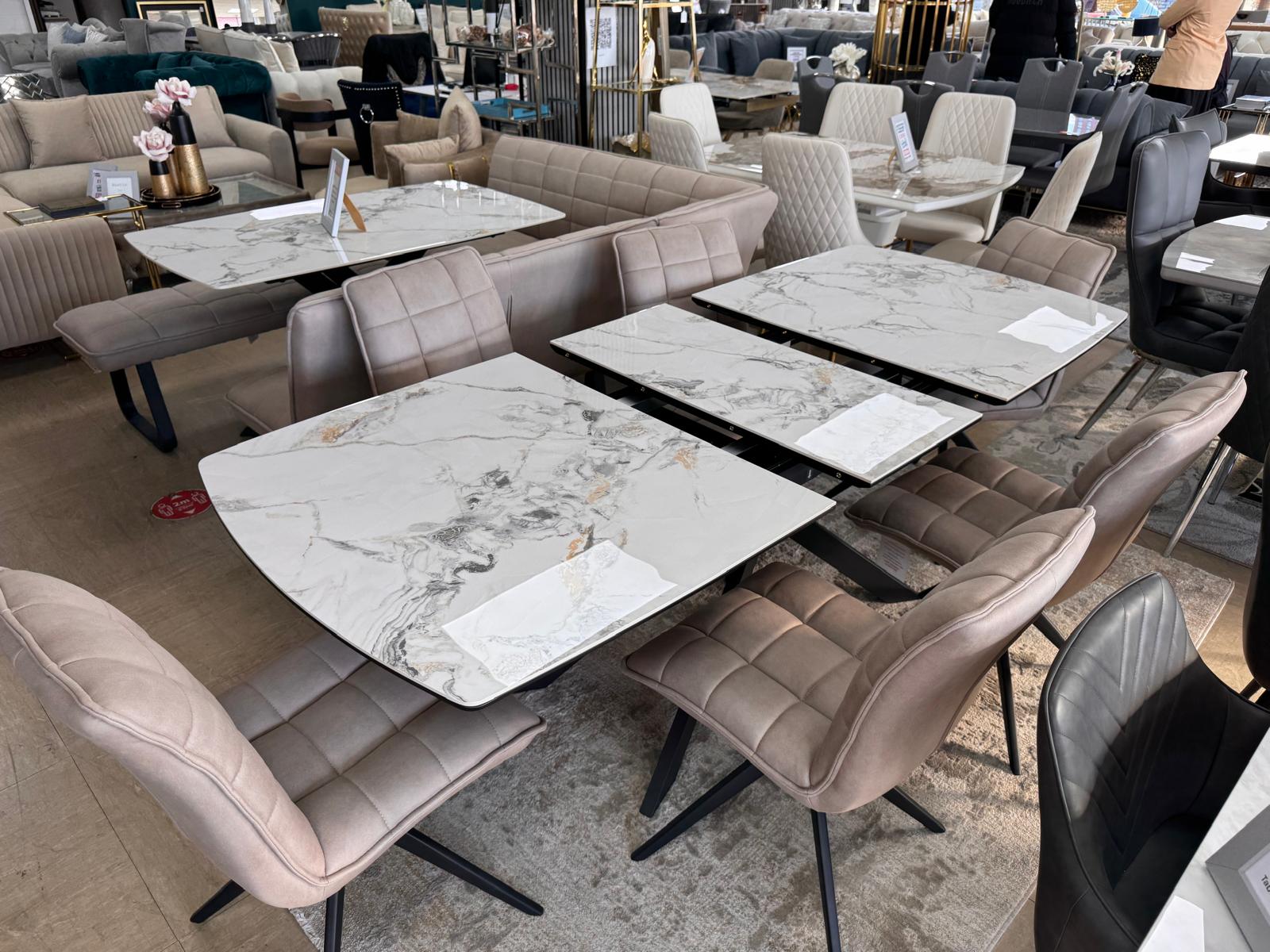 Luna 160–200cm Extendable Ceramic Dining Table Set with Luna Taupe Fabric Chairs – White Marble & Black Iron Legs