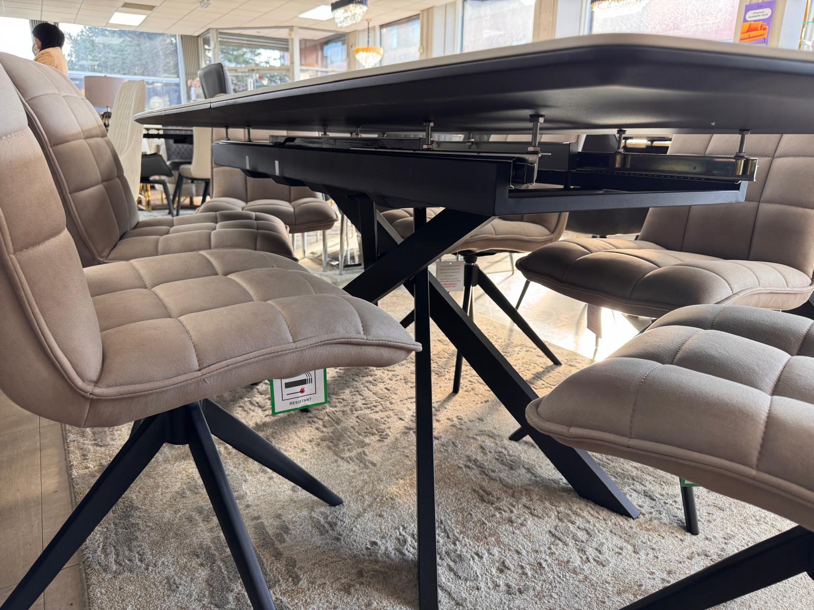 Luna 160–200cm Extendable Ceramic Dining Table Set with Luna Taupe Fabric Chairs – White Marble & Black Iron Legs