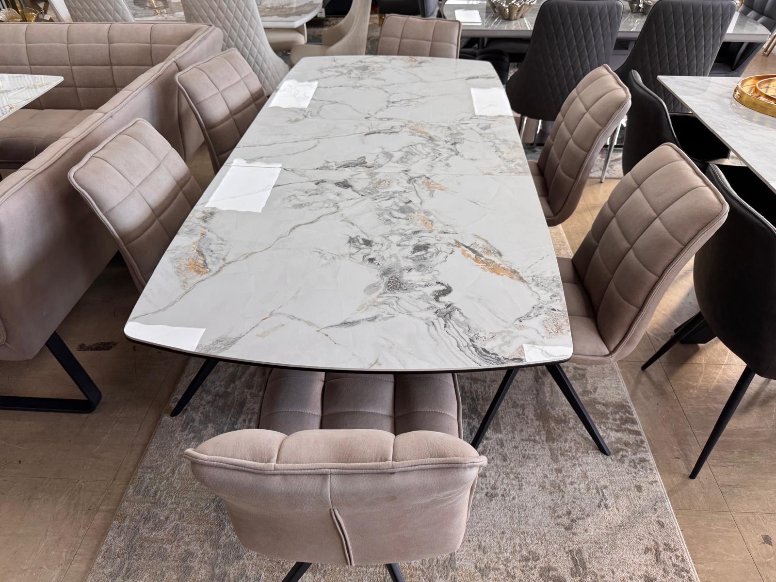 Luna 160–200cm Extendable Ceramic Dining Table Set with Luna Taupe Fabric Chairs – White Marble & Black Iron Legs