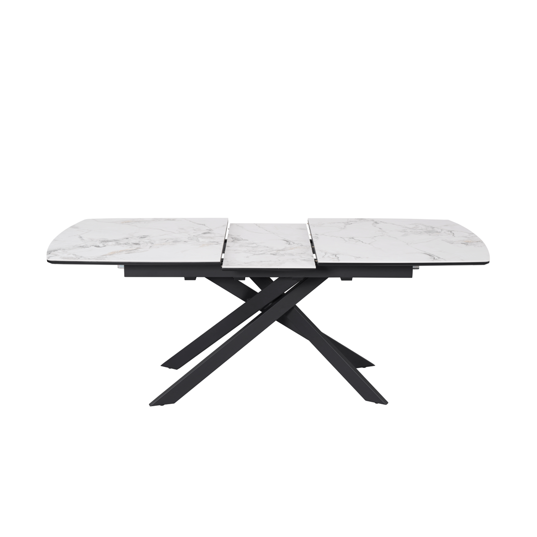 Luna 160–200cm Extendable Ceramic Dining Table Set with Luna Taupe Fabric Chairs – White Marble & Black Iron Legs