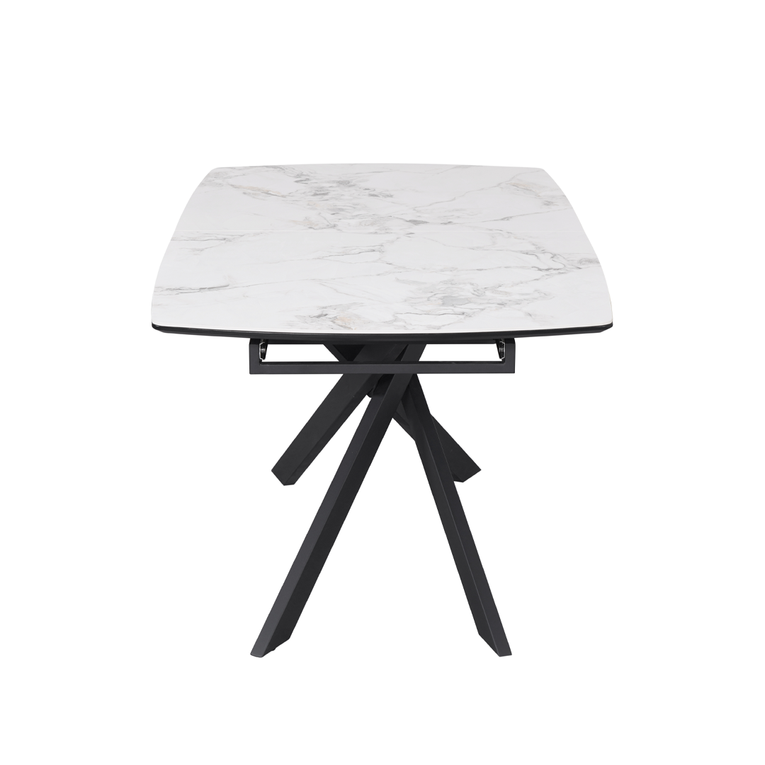 Luna 160–200cm Extendable Ceramic Dining Table Set with Luna Taupe Fabric Chairs – White Marble & Black Iron Legs