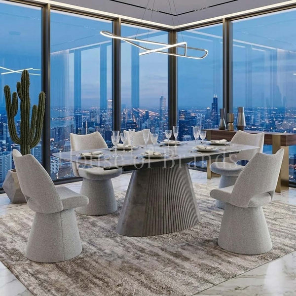 Monaco Grey 160–240cm Extending Ceramic Marble Dining Table Set with Grey Velvet 360° Swivel Chairs
