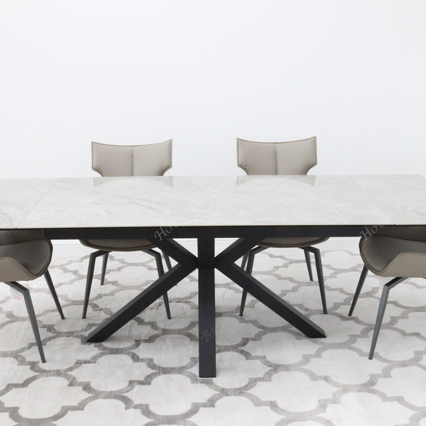 Phoenix Extendable Ceramic Dining Table with 4 Taupe Rafaello Swivel Dining Chairs