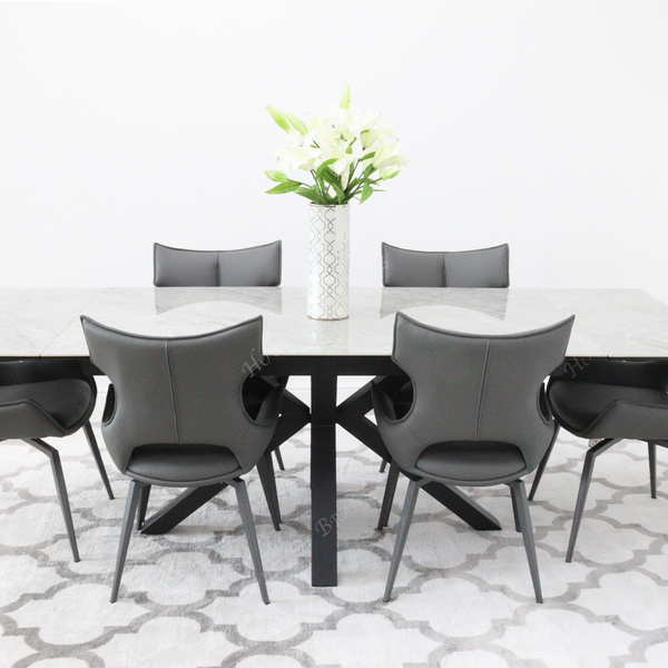 Phoenix Extendable Ceramic Dining Table and 6 Grey Rafaello Swivel Dining Chairs