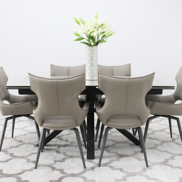 Phoenix Extendable Ceramic Dining Table & 6 Taupe Rafaello Swivel Dining Chairs