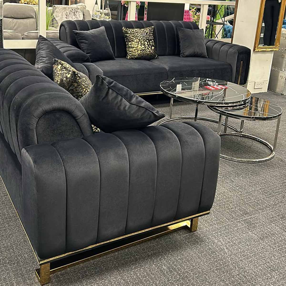 Paris Luxury Black & Gold 3+2 Velvet Sofa