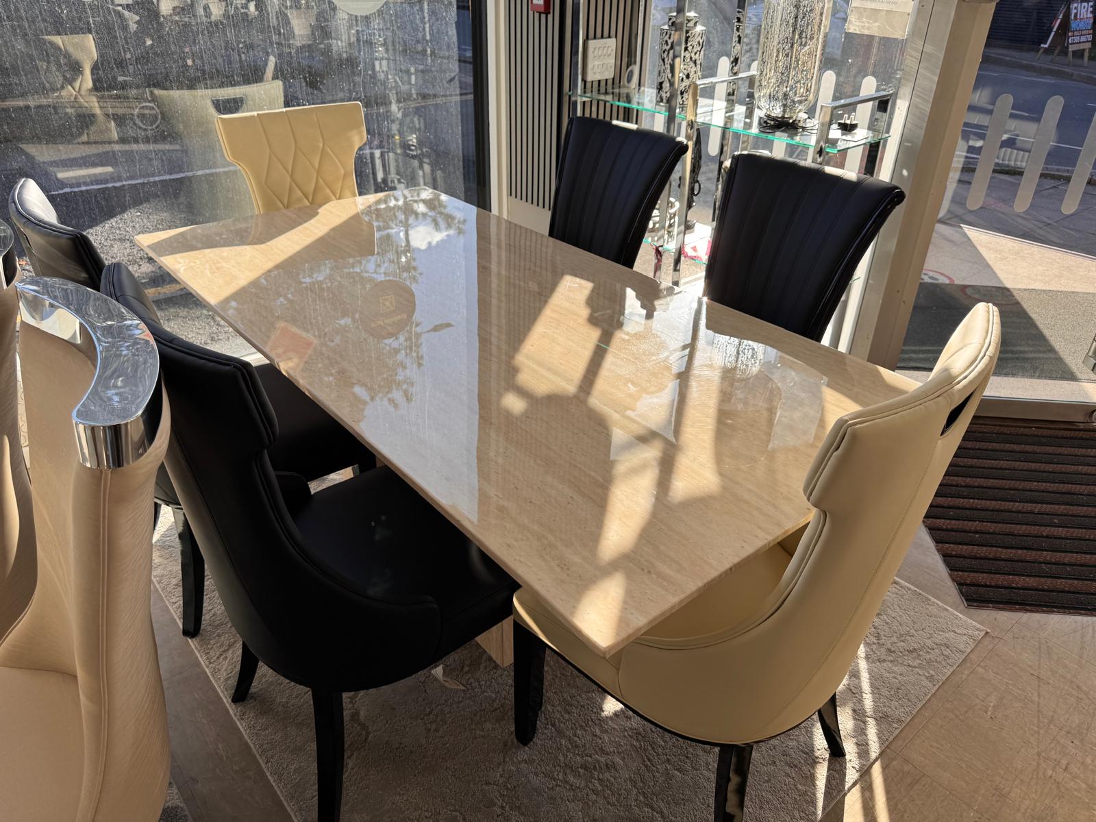 Pluto Beige Marble 200cm Dining Table with Carmela Dining Chairs